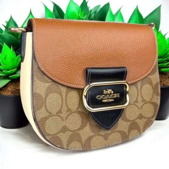 Coach Brown and Tan Crossbody Bag with Signature Monogram